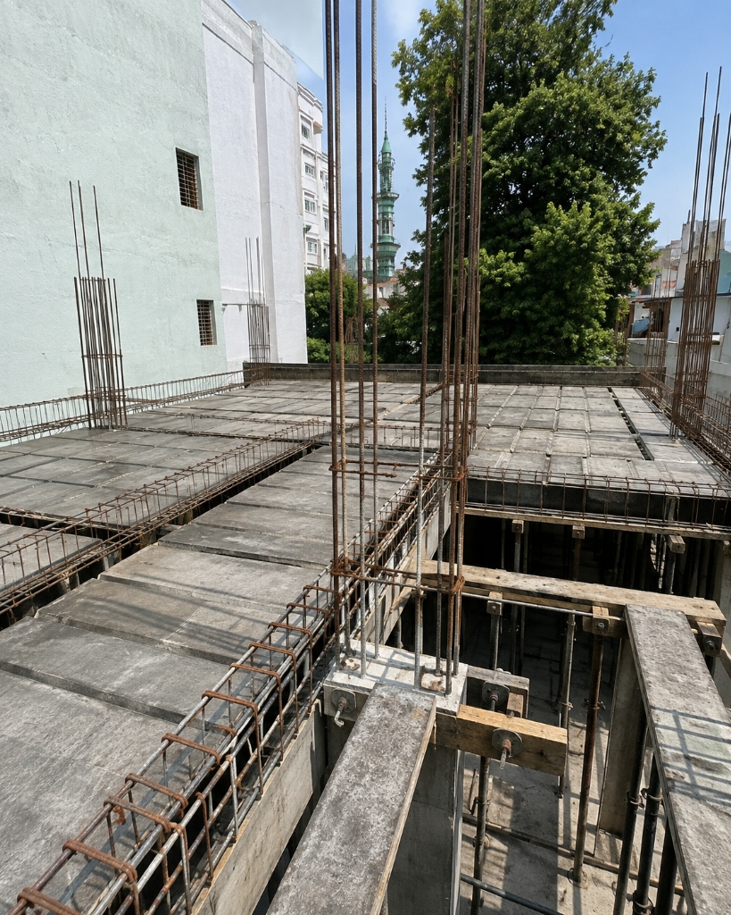 Construction materials and metal scaffolding at site