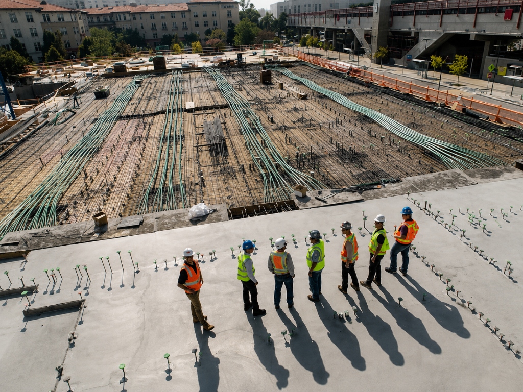 Construction slab and team of engineers looking at active site